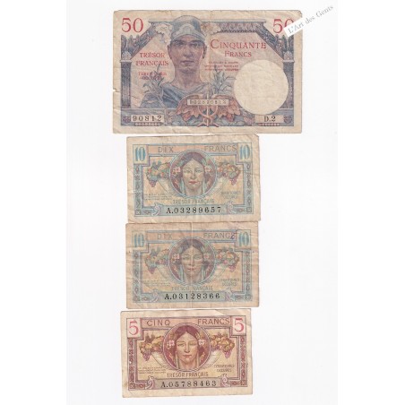 Lot de 4 billets du Trésor Français, 50 frs 10 frs 5 frs TB , lartdesgents.fr