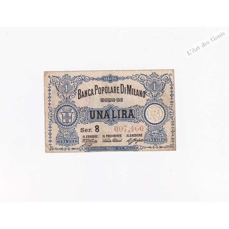 Très rare billet una lira Banca Populare de Milano 1872 série 8 007460 TB , lartdesgents.fr