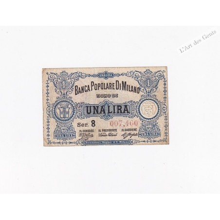 Très rare billet una lira Banca Populare de Milano 1872 série 8 007460 TB , lartdesgents.fr