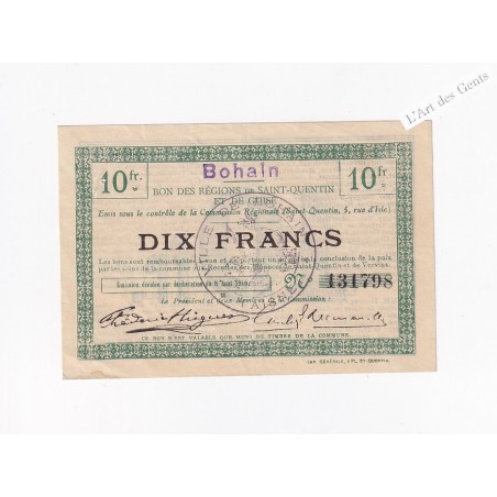 10 frs 1916 Bon de région St Quentin et Guise "BOHALM" N° 131798, lartdesgents.fr
