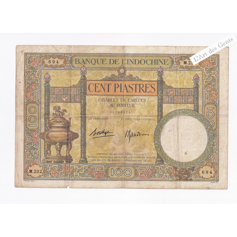 Banque de l'Indochine 100 Piastres 1935-39 P51d, lartdesgents.fr