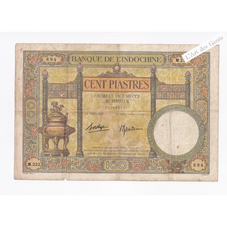 Banque de l'Indochine 100 Piastres 1935-39 P51d, lartdesgents.fr