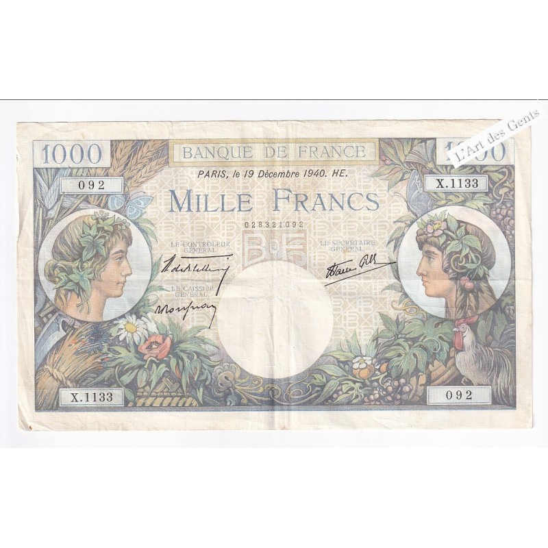 1000 francs 19-12-1940 Commerce et Industrie N° X.1133 092 TTB, lartdesgents.fr