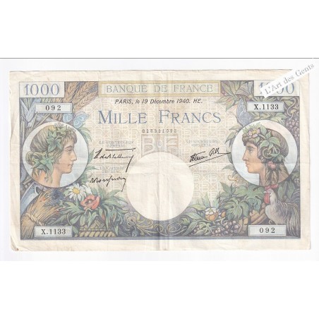 1000 francs 19-12-1940 Commerce et Industrie N° X.1133 092 TTB, lartdesgents.fr