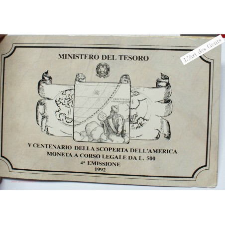 Coffret Italie, 500 lire 1992 America, 4° émissione, Rome, BU, FDC, lartdesgents.fr