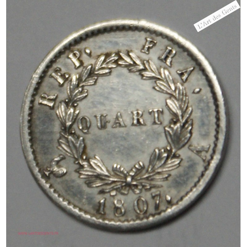 Quart de Franc 1807 A Paris tête de nègre SUPERBE+, lartdesgents.fr