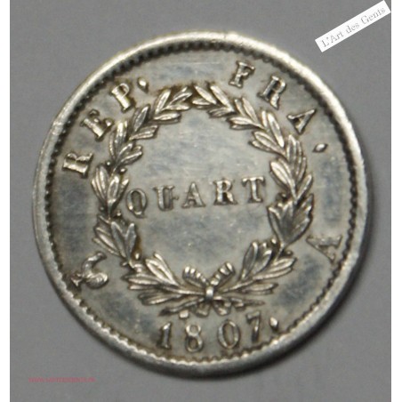 Quart de Franc 1807 A Paris tête de nègre SUPERBE+, lartdesgents.fr