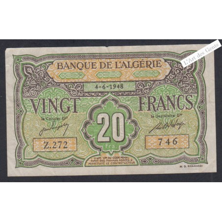 Billet ALGERIE 20 Francs SUP 4-6-1948 n°Z.272 746 lartdesgents.fr