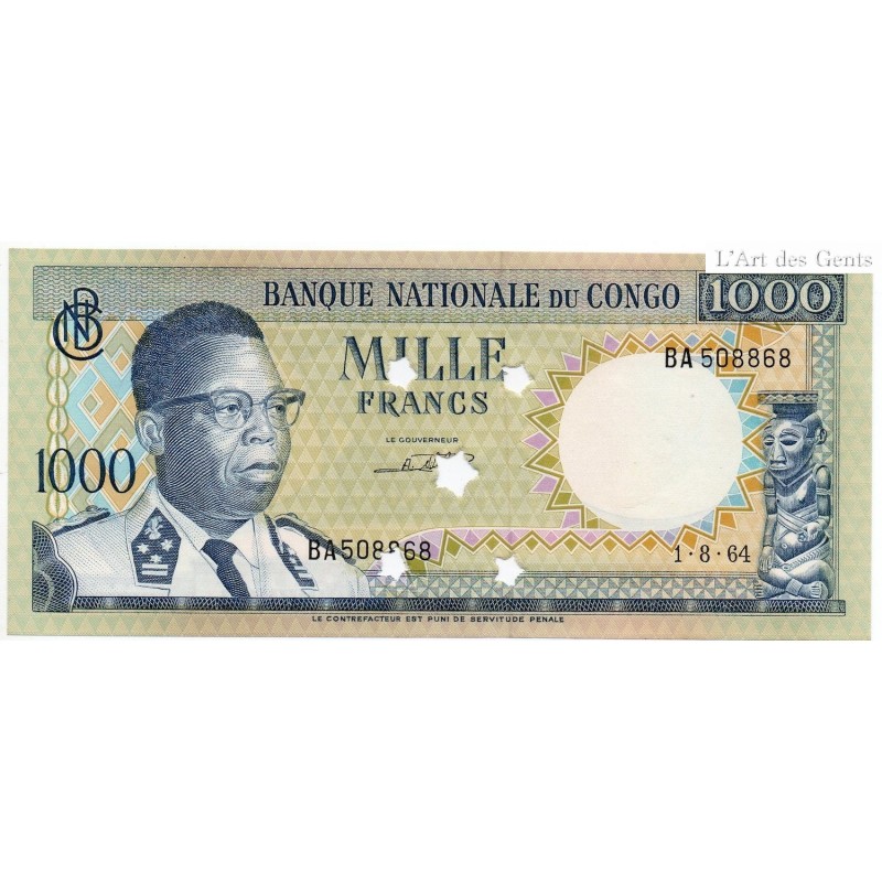 Billet Congo 1000 Francs - BA 508868 - 1 Aout 1964 Pick 8 lartdesgents.fr