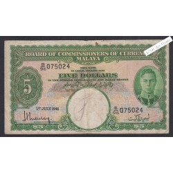 Billet Malaisie 5 Dollars - B.96 075024  - 1941  - lartdesgents.fr