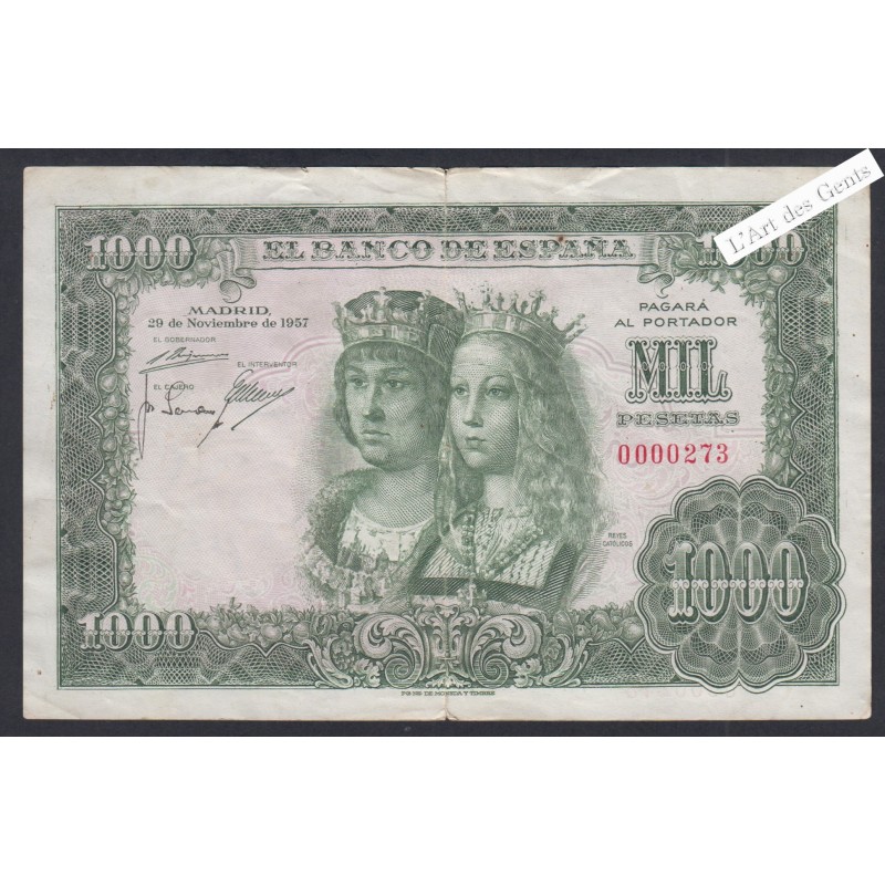 Billet Espagne 1000 Pesetas - 0000273 - 1957 -  lartdesgents.fr