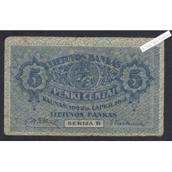 Billet Lituanie 5 Centai - 1922 - Série B - lartdesgents.fr