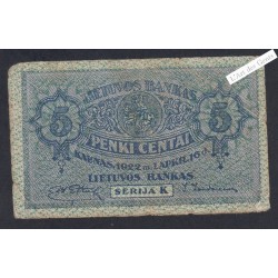 Billet Lituanie 5 Centai - Série K - 1922 - lartdesgents.fr