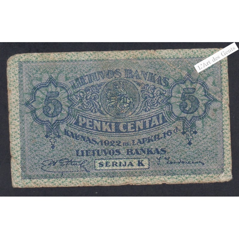 Billet Lituanie 5 Centai - Série K - 1922 - lartdesgents.fr