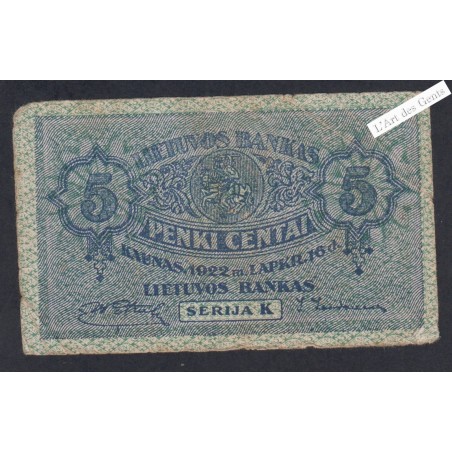 Billet Lituanie 5 Centai - Série K - 1922 - lartdesgents.fr