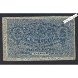 Billet Lituanie 5 Centai - Série B - 1922 - P.9- lartdesgents.fr