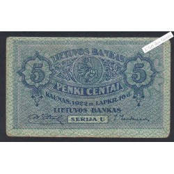 Billet Lituanie 5 Centai - Série U - 1922 - P.9- lartdesgents.fr