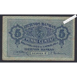 Billet Lituanie 5 Centai - Série E - 1922 - P.9- lartdesgents.fr