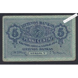 Billet Lituanie 5 Centai - Série V - 1922 - P.9- lartdesgents.fr