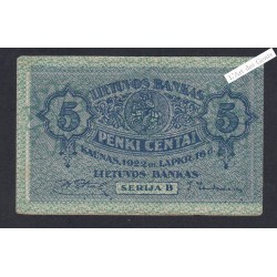 Billet Lituanie 5 Centai - Série B - 1922 - P.9- lartdesgents.fr