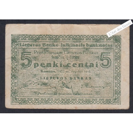 Billet Lituanie 5 Centai - 1922 - P.9a - lartdesgents.fr