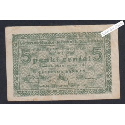 Billet Lituanie 5 Centai - 1922 - P.9a - lartdesgents.fr