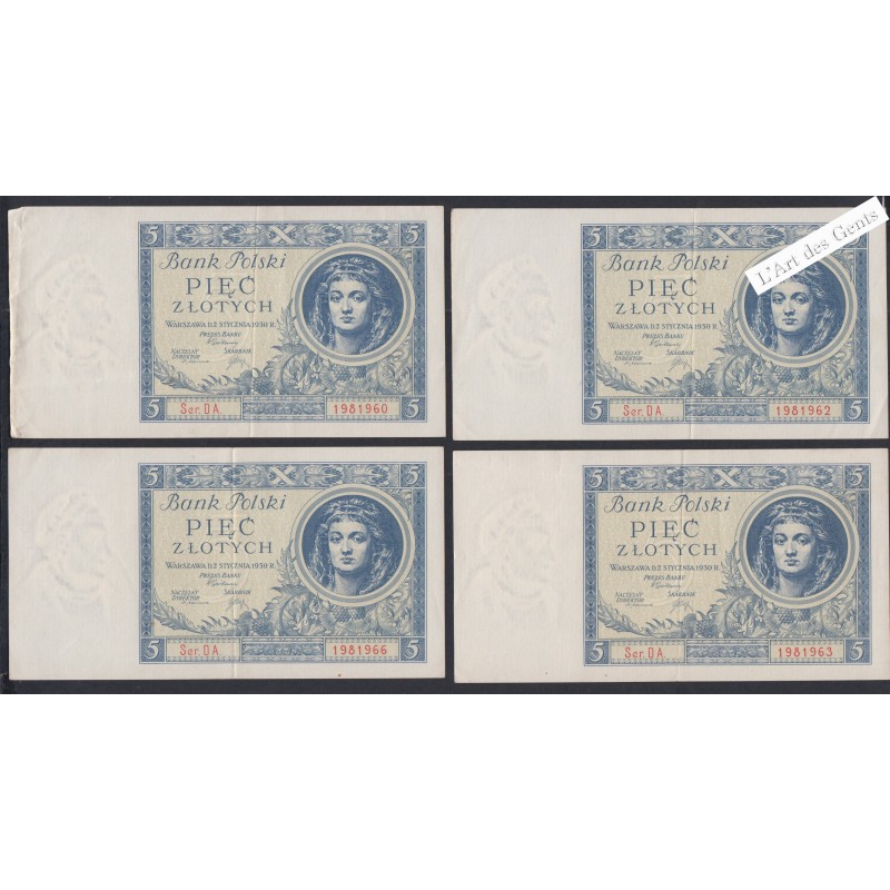 1 lot de 4 Billets Portugal 5 Zlotych - Série DA - 1930 - lartdesgents.fr