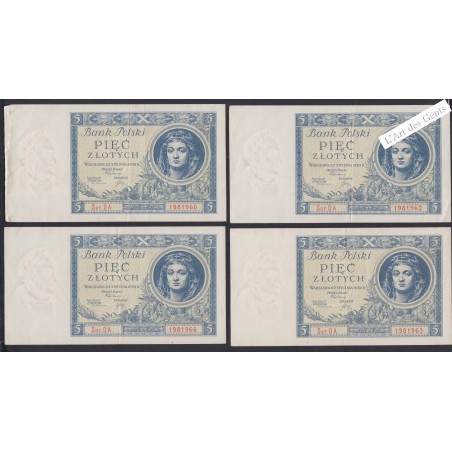 1 lot de 4 Billets Portugal 5 Zlotych - Série DA - 1930 - lartdesgents.fr