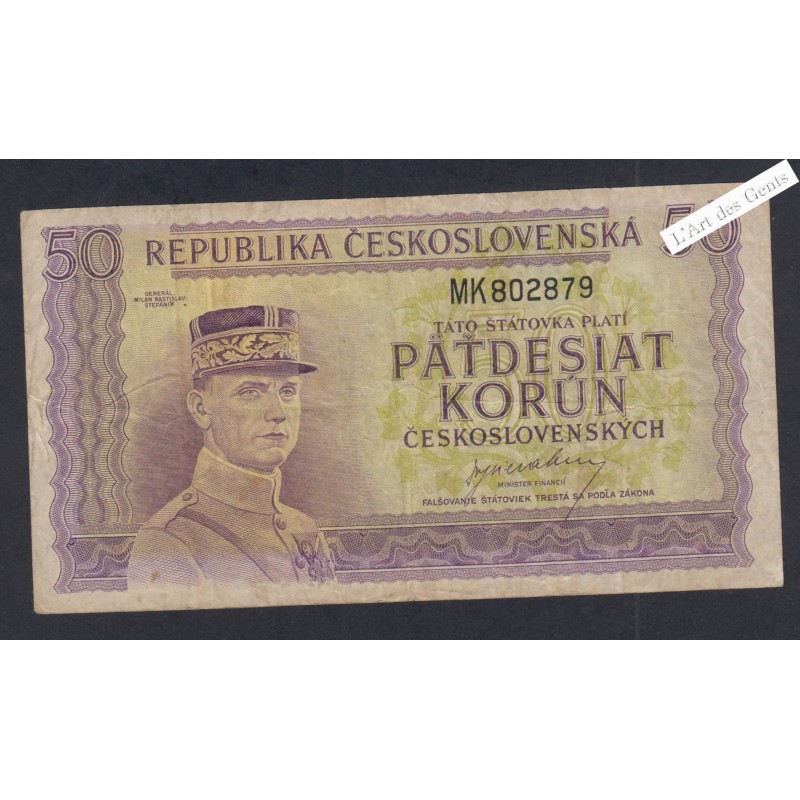 Billet Tchécoslovaquie 50 Korun - MK 802879 - 1945 - lartdesgents.fr