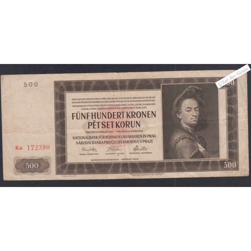 Billet Tchécoslovaquie 500 Korun - Ka 172380 - 1942 - lartdesgents.fr