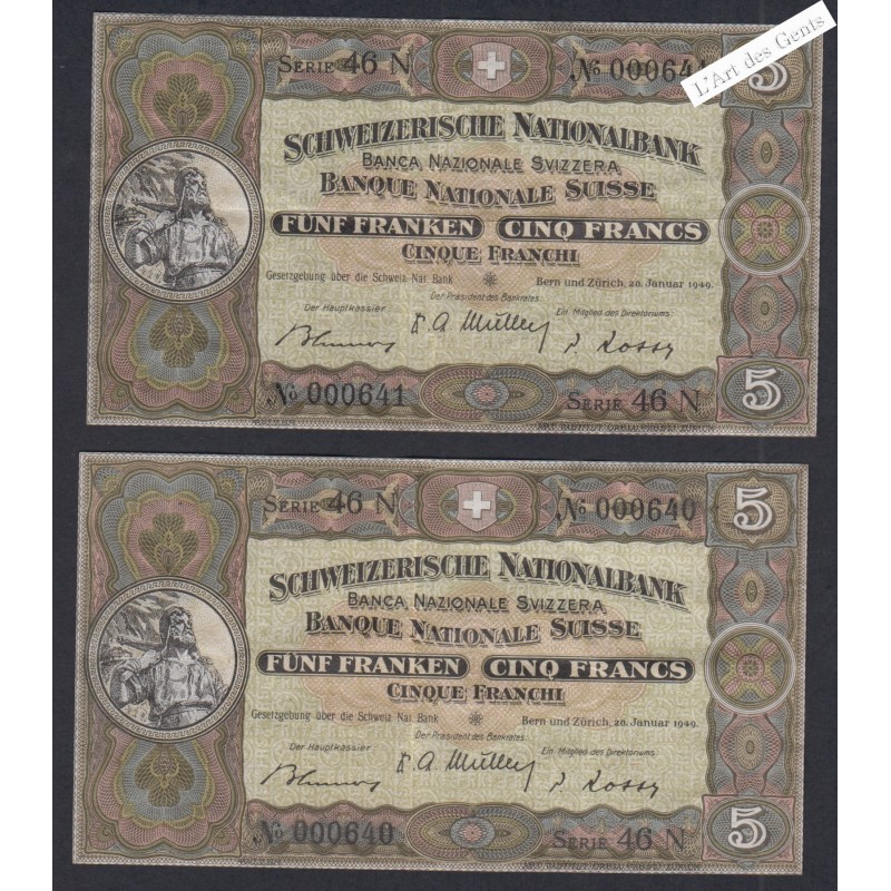 Lot  2 Billets Suisse 5 Francs - 1949 - Série 46 N - lartdesgents.fr