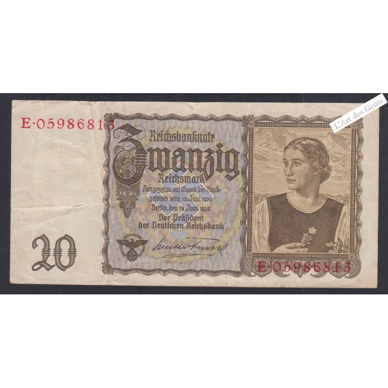 Billet Allemagne 20 Reichsmark - E.0598681 - 1939 - lartdesgents.fr