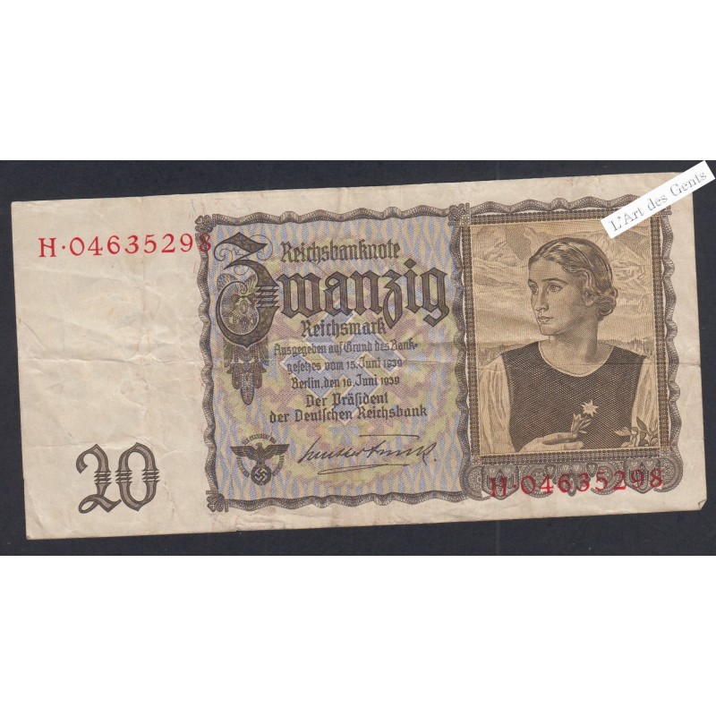 Billet Allemagne 20 Reichsmark - H.0463529 - 1939 - lartdesgents.fr