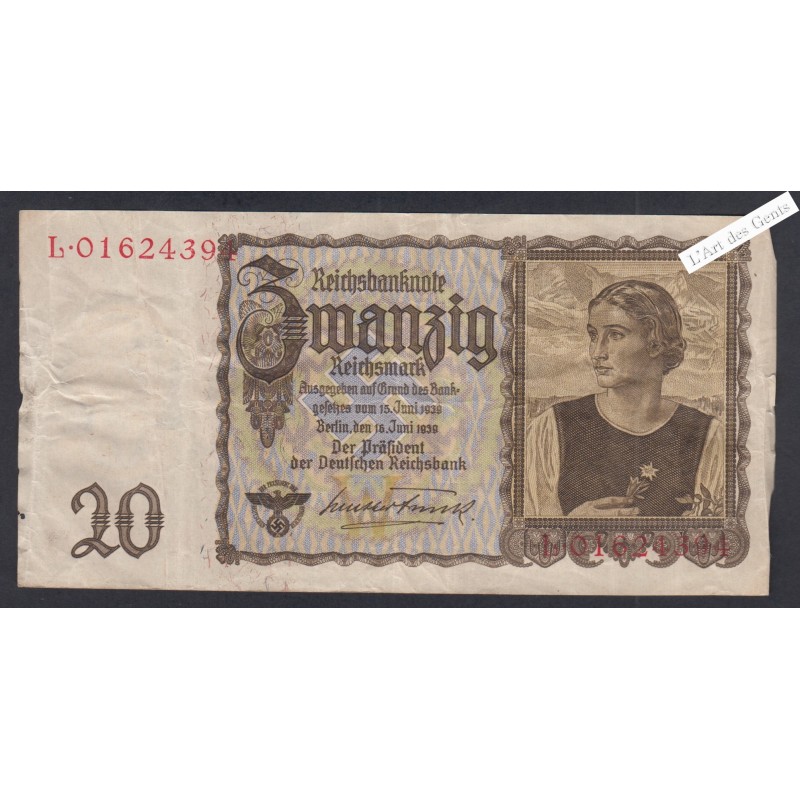 Billet Allemagne 20 Reichsmark - L.01624394 - 1939 - lartdesgents.fr