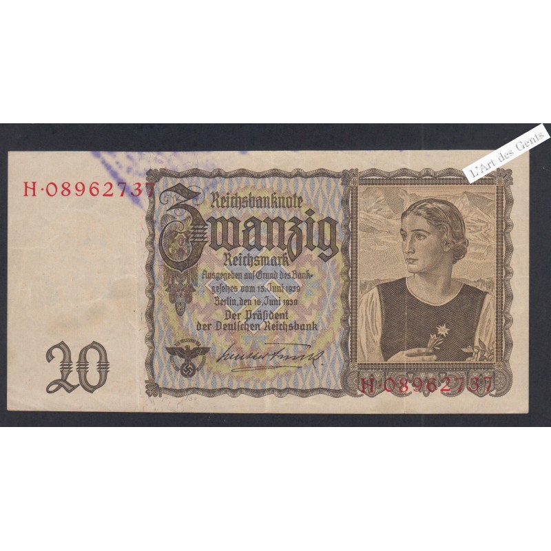 Billet Allemagne 20 Reichsmark - H.08962737- 1939 - lartdesgents.fr