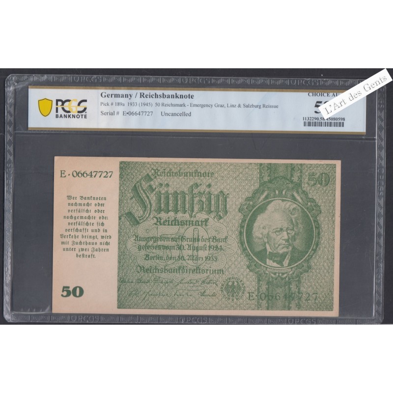 50 Reichsmark 1933 (1945) Uncancelled - E.06647727- AUNC 58 - lartdesgents.fr