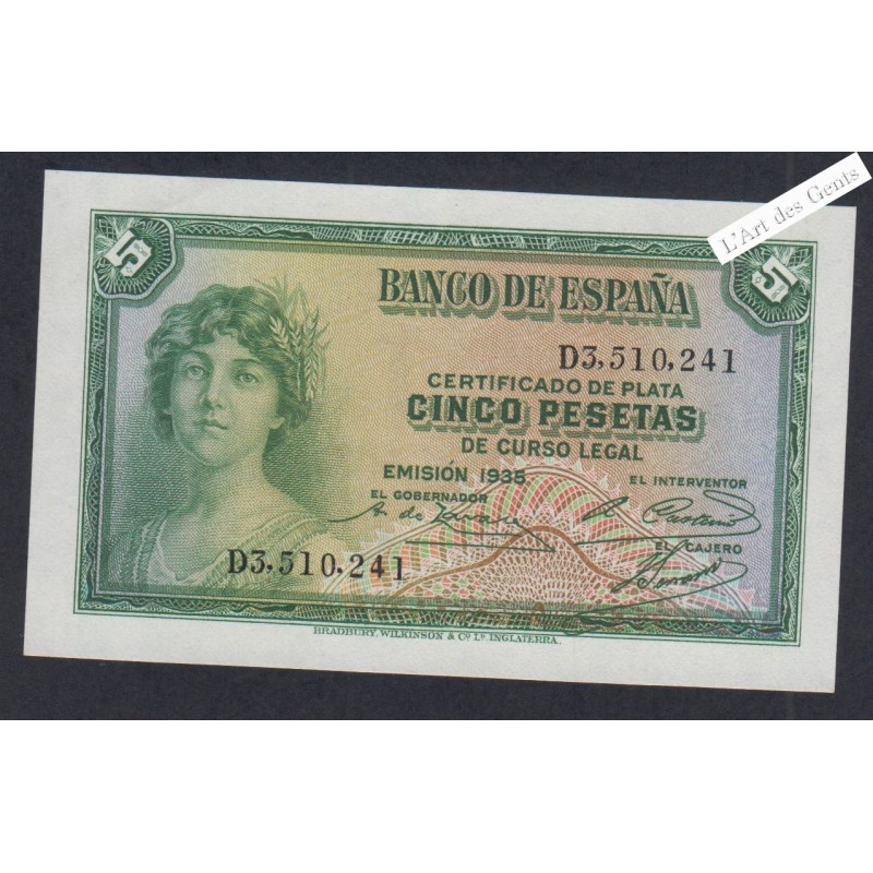 Billet Espagne 5 Pesetas - D3.510.241 - 1935 -  lartdesgents.fr