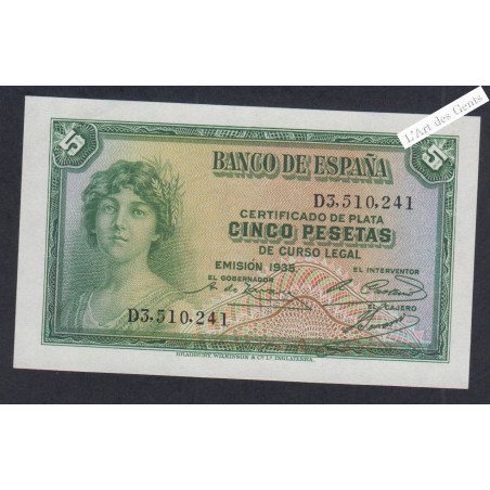 Billet Espagne 5 Pesetas - D3.510.241 - 1935 -  lartdesgents.fr