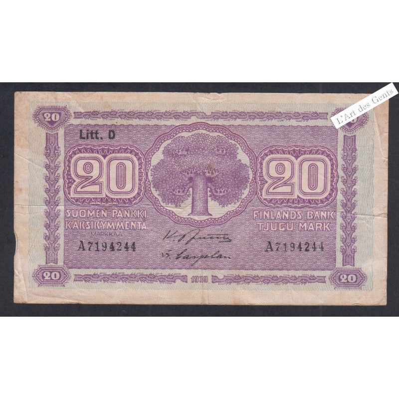 Billet Finlande 20 Marka - A7194244 - 1939 -  lartdesgents.fr