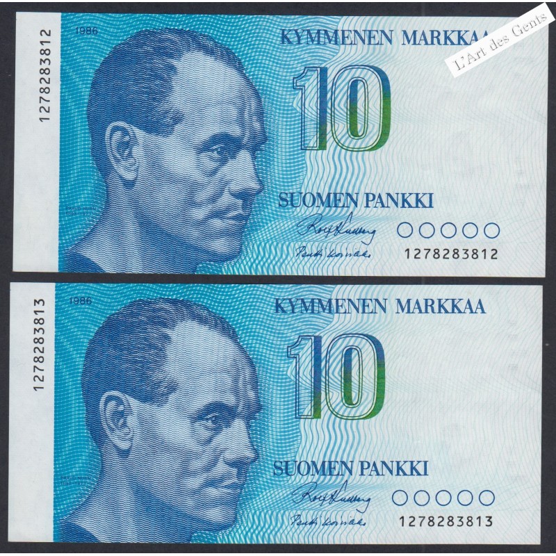 Lot 2 Billets Finlande 10 MarkKaa - Numéros Suivis - 1986 - Neufs --  lartdesgents.fr