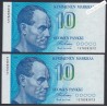 Lot 2 Billets Finlande 10 MarkKaa - Numéros Suivis - 1986 - Neufs --  lartdesgents.fr