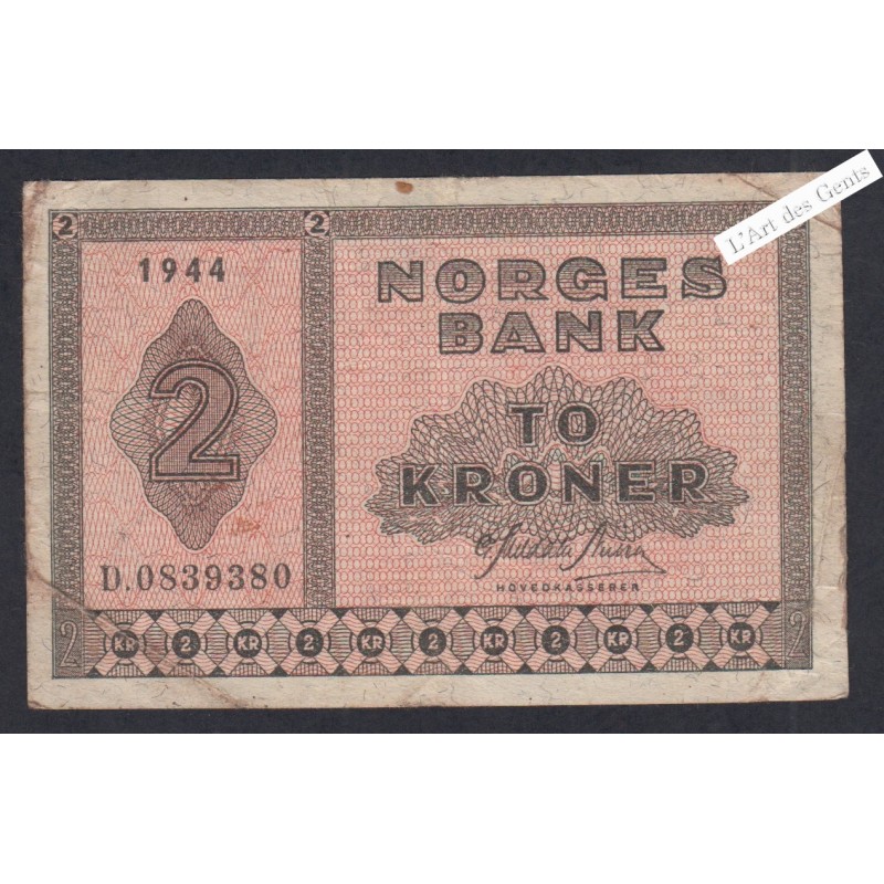 Billet Norvège 2 Kroner - D.0839380 - 1944  -  lartdesgents.fr