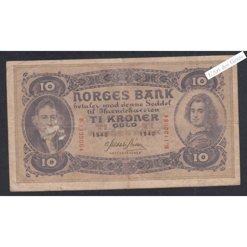 Billet Norvège 10 Kroner  - B.1132064  - 1942  -  lartdesgents.fr