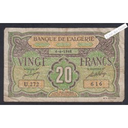 Billet Algérie  - 20 Francs  - 1948 - U.272 616 -  lartdesgents.fr