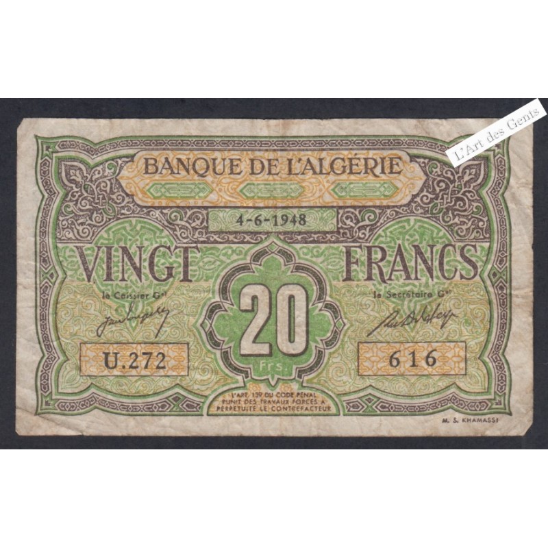 Billet Algérie  - 20 Francs  - 1948 - U.272 616 -  lartdesgents.fr