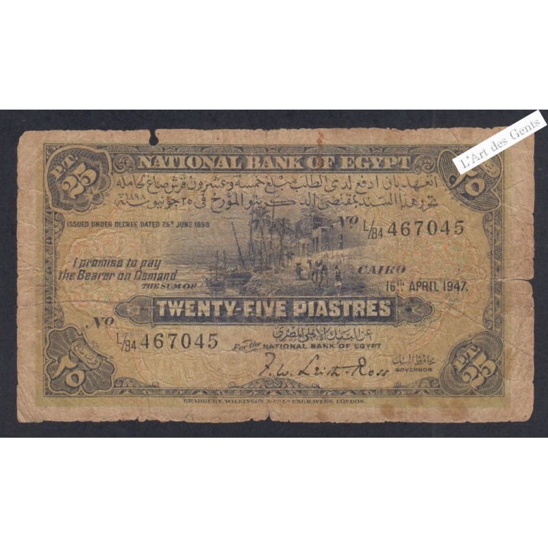 Billet Egypte - 25 Piastres - L/84 467045 - 1947  - lartdesgents.fr