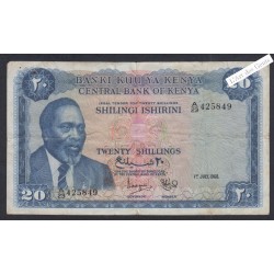 Billet Kenya - 20 Shillings - A/23 425849 - 1968 - lartdesgents.fr