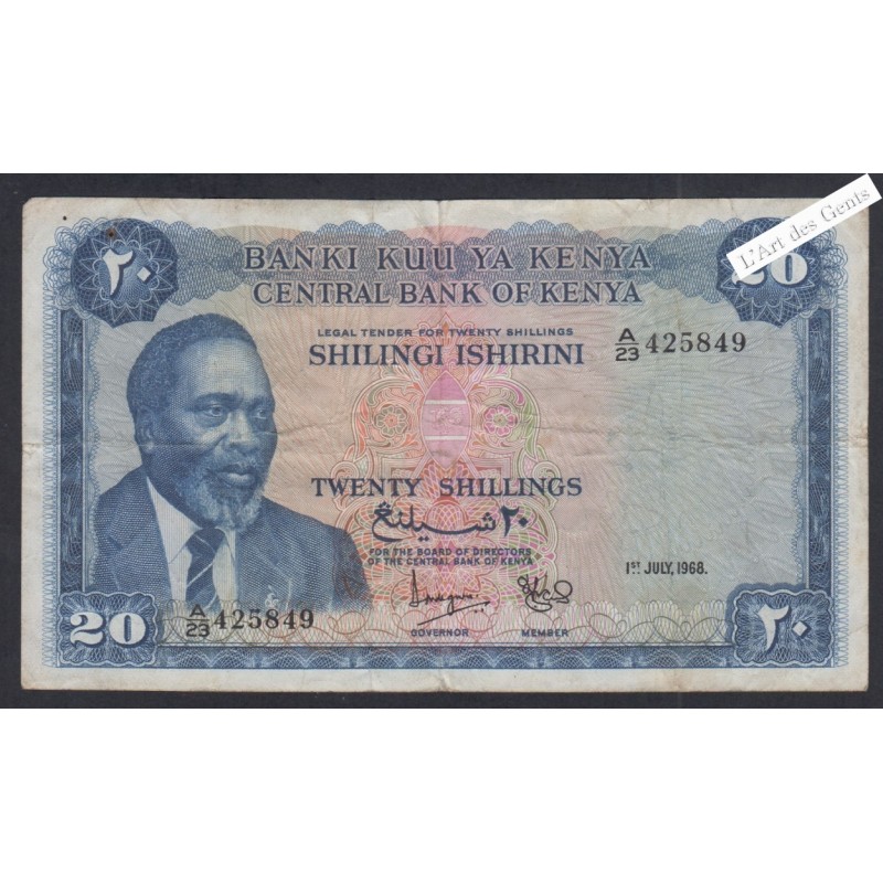 Billet Kenya - 20 Shillings - A/23 425849 - 1968 - lartdesgents.fr