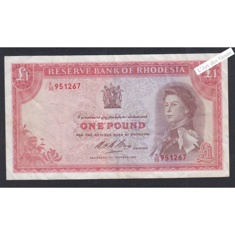 Billet Rhodésia - 1 Pound - K/30 951267 - 1968 - lartdesgents.fr