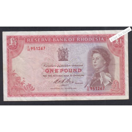 Billet Rhodésia - 1 Pound - K/30 951267 - 1968 - lartdesgents.fr